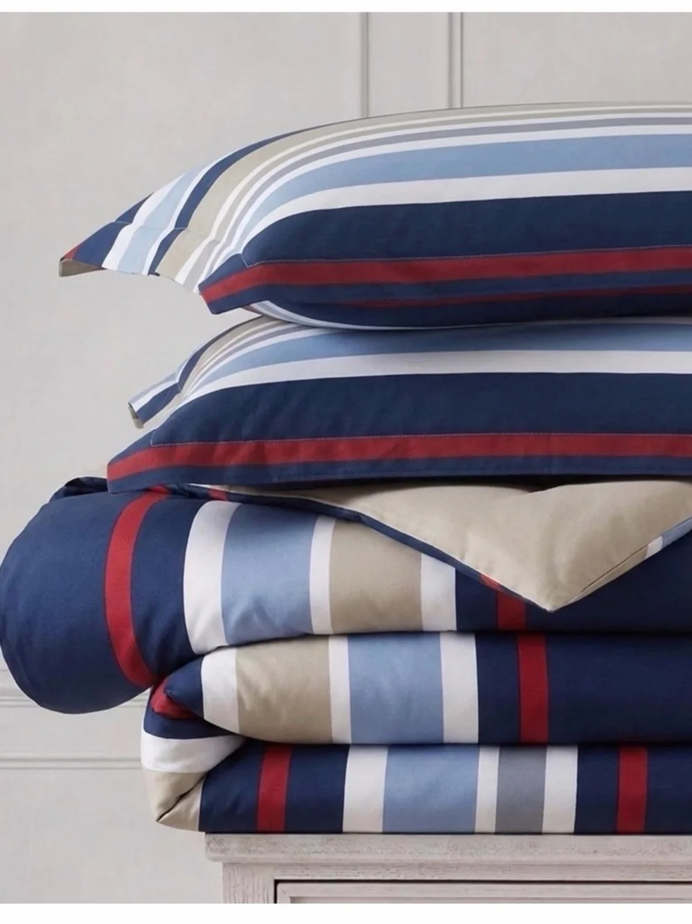 Nautica Striped Duvet Cover in Navy, Red, Tan and Light Blue